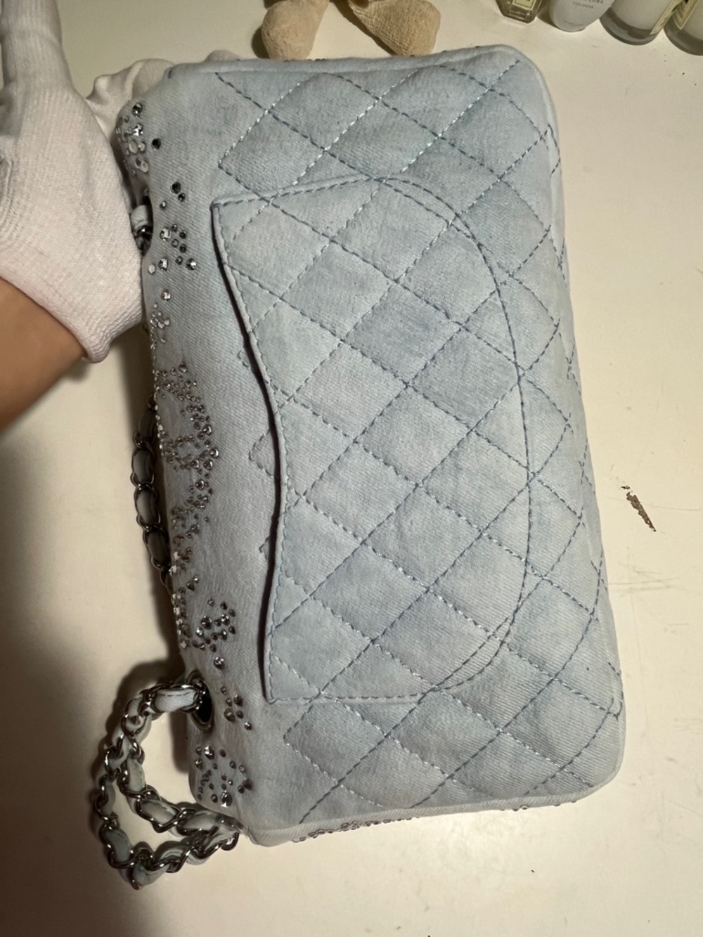 CHANEL Light Blue Quilted Crystal-Studded Shoulder Bag - Picture 3 of 16